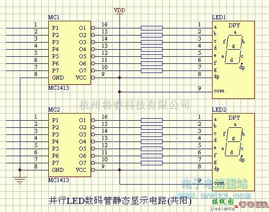 专用测量/显示电路中的LED-并行LED数码管静态显示电路（共阳）  第1张