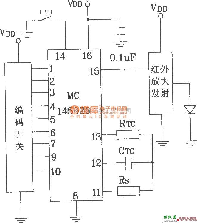 红外线热释遥控中的MC145026/145027构成红外发射、接收电路图  第3张