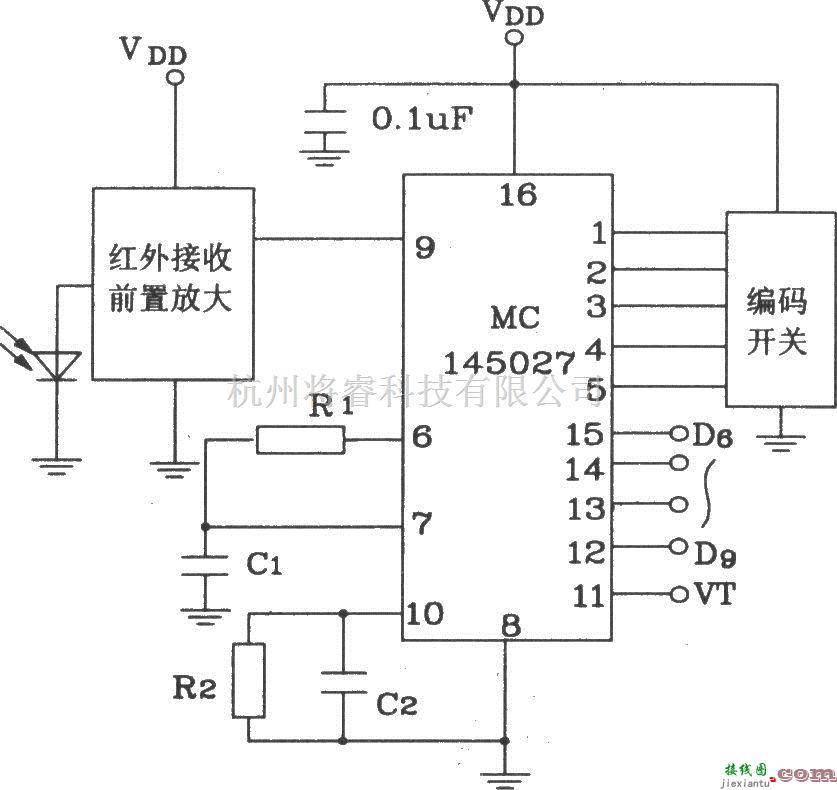 红外线热释遥控中的MC145026/145027构成红外发射、接收电路图  第4张