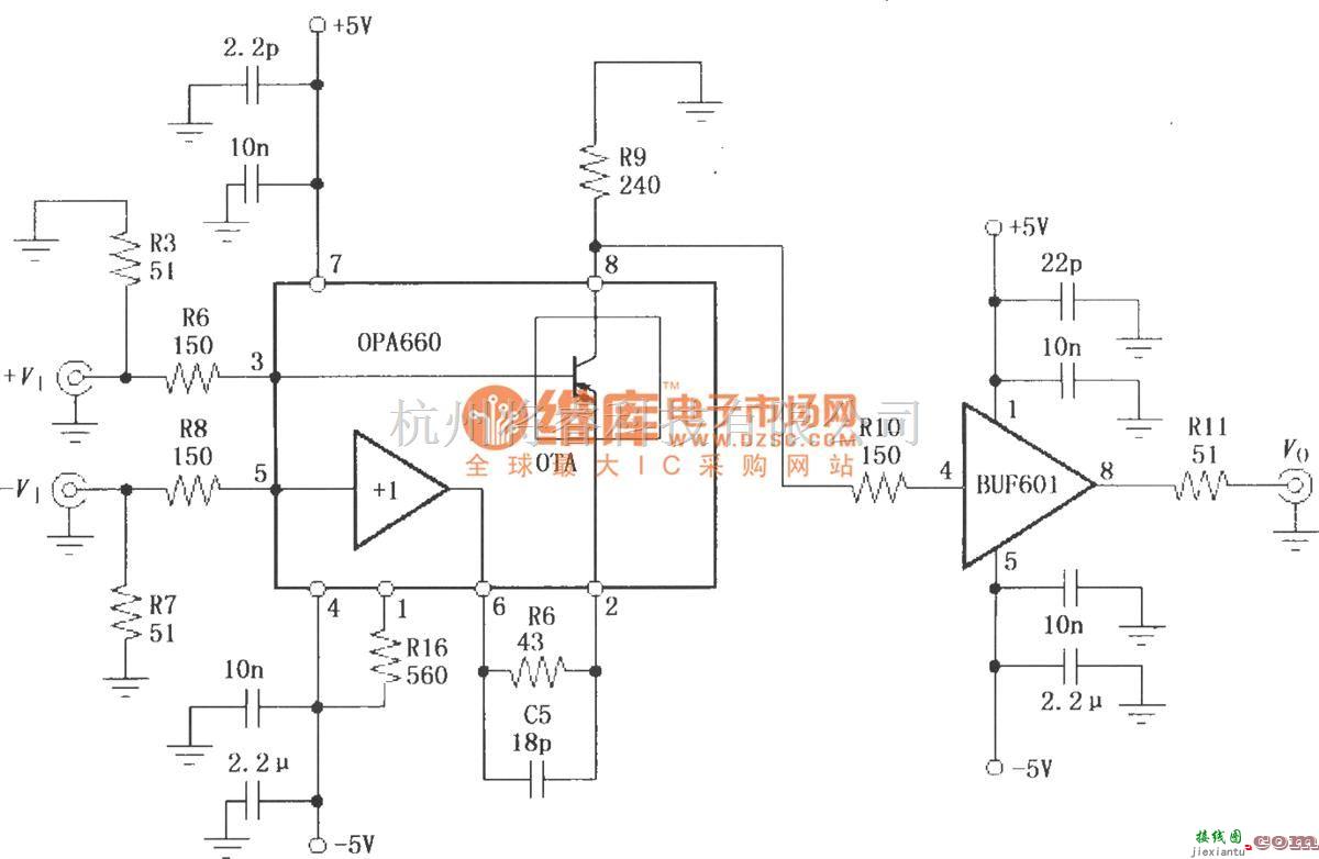 对数/跨导放大电路中的由宽带跨导型运算放大和缓冲器OPA660与缓冲放大器BUF601构成的400MHz差分放大电路  第1张