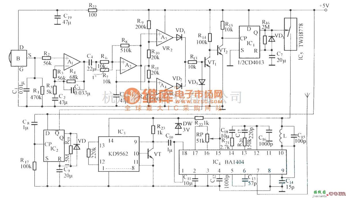 红外线热释遥控中的热释电红外探测无线报警电路  第1张