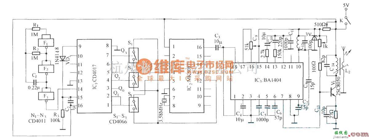 红外线热释遥控中的DTMF编码调频无线电发射电路  第1张