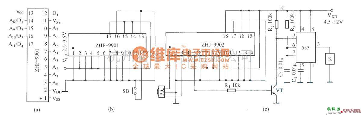 红外线热释遥控中的由ZHF-9901和ZHJ-9902组成的电路  第1张