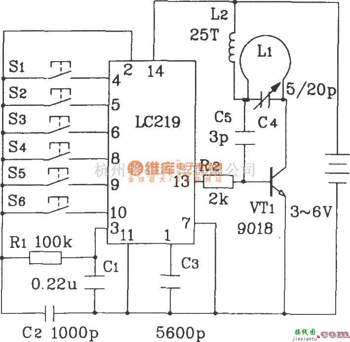 遥控电路（综合)中的LC219/220A构成玩逐步形具汽车无线电遥控发射、接收应用电路图  第1张