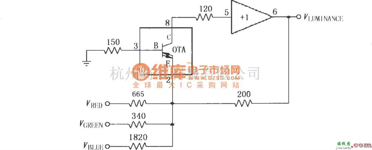 对数/跨导放大电路中的由宽带跨导型运算放大和缓冲器OPA660构成的视频亮度矩阵电路  第1张