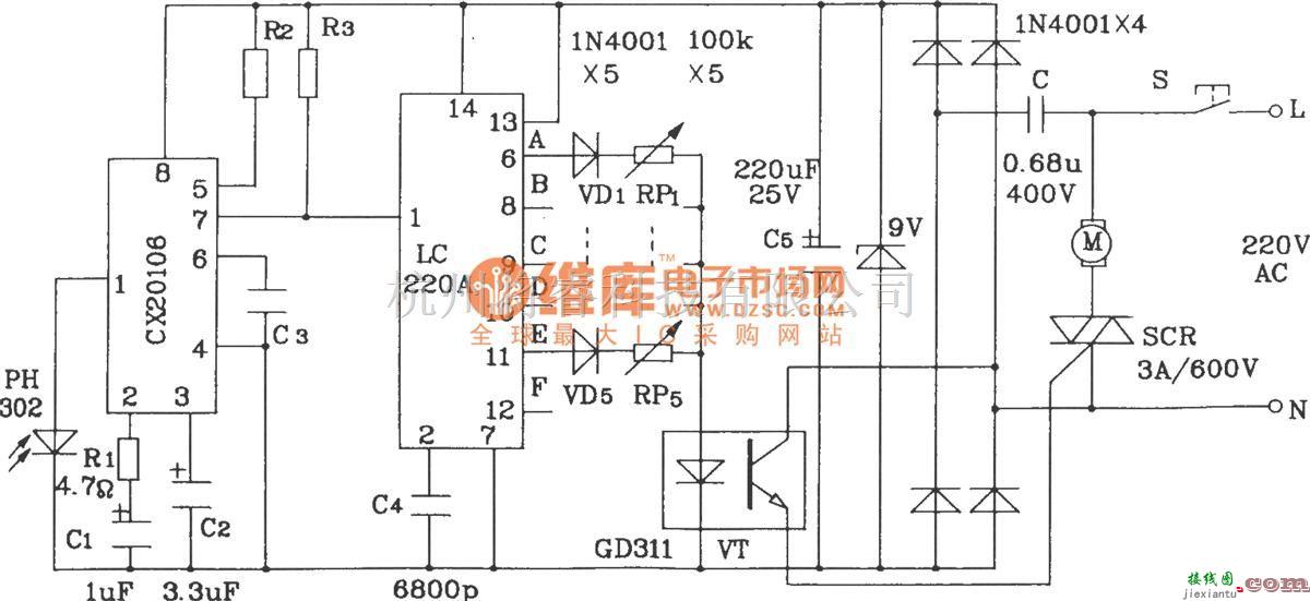 遥控电路（综合)中的LC219/220A构成红外线遥控电机调速发射、接收电路图  第2张