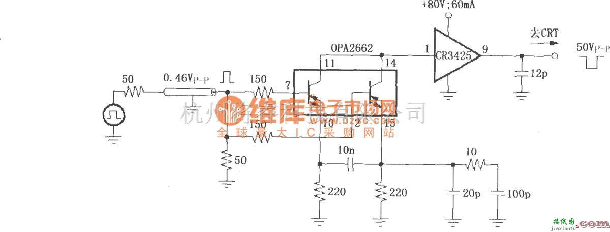 对数/跨导放大电路中的由OPA2662构成的1600×1200高分辨率图形监控器CRT输出级驱动电路  第1张