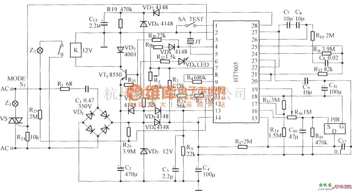 红外线热释遥控中的HT7605的可控硅应用电路  第1张