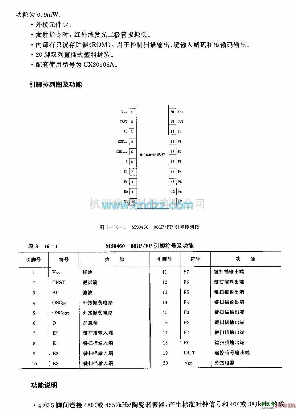 遥控电路（综合)中的M50460—001P／FP (电视机)红外线遥控发射微处理器  第2张