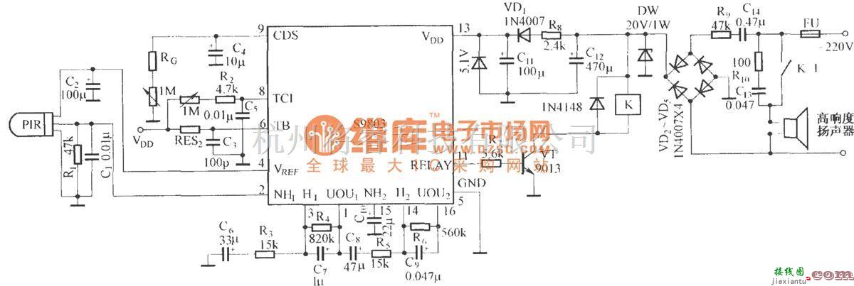 红外线热释遥控中的S9803驱动继电器的电路  第1张