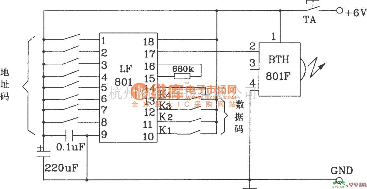 红外线热释遥控中的BTH-801F/BTH-801J红外遥控发射、接收模块应用电路图  第5张