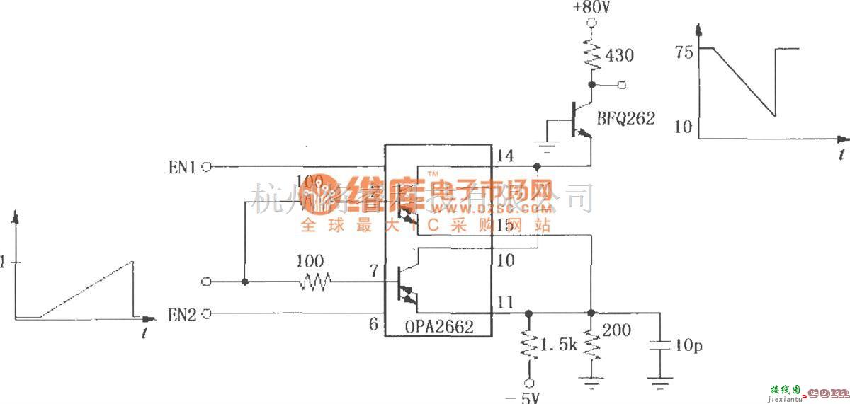 对数/跨导放大电路中的由双宽带跨导型运算放大器OPA2662构成的共发射极放大电路  第1张