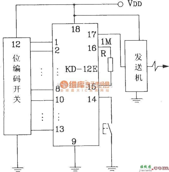 遥控电路（综合)中的KD-12E/KD-12F构成4096路单一功能遥控发射/接收应用电路图  第4张