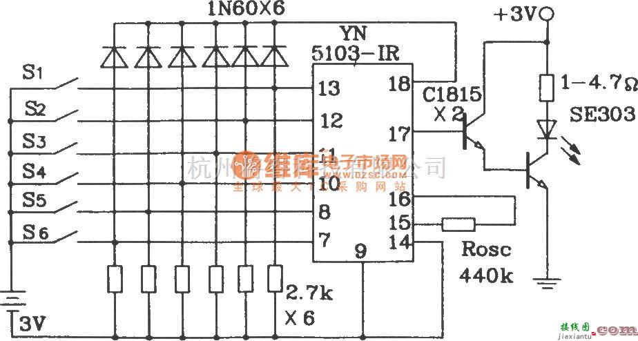 红外线热释遥控中的YN5103-IR／YN5203编码、译码器配对构成的红外遥控应用电路  第6张