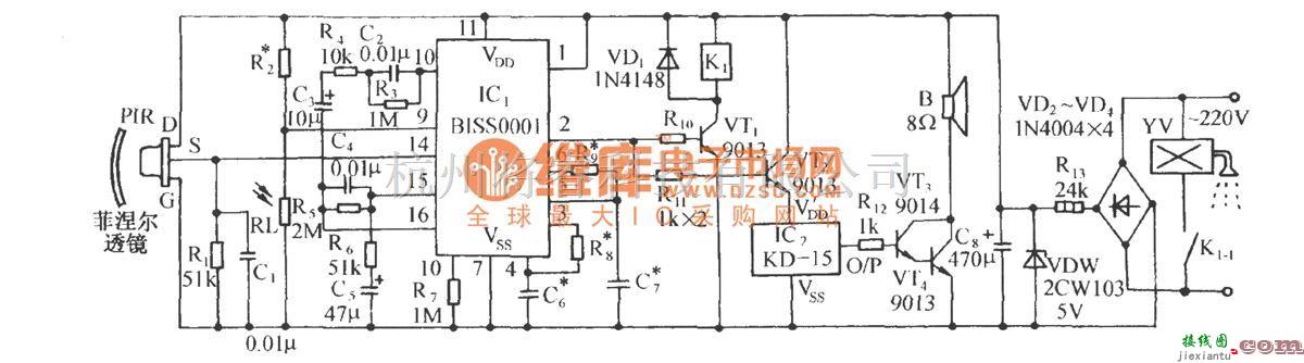 红外线热释遥控中的用BISS0001的红外传感自动喷水控制电路  第1张