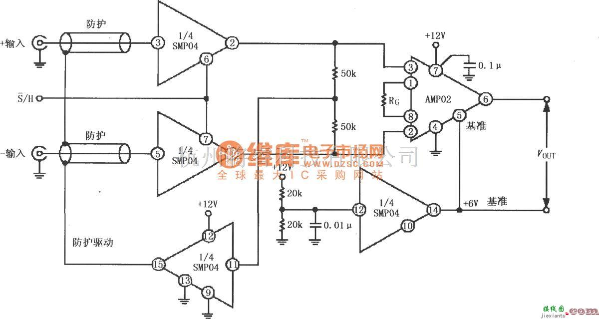 采样保持放大电路中的由SMP04与仪表放大器构成的具有防护驱动的+12V单电源采样仪器放大电路  第1张