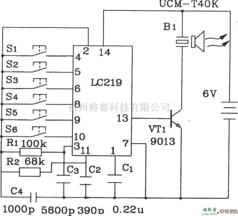 遥控电路（综合)中的LC219/220A构成超声波6路遥控接收应用电路图  第1张