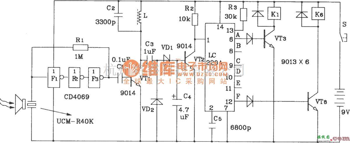 遥控电路（综合)中的LC219/220A构成超声波6路遥控接收应用电路图  第2张