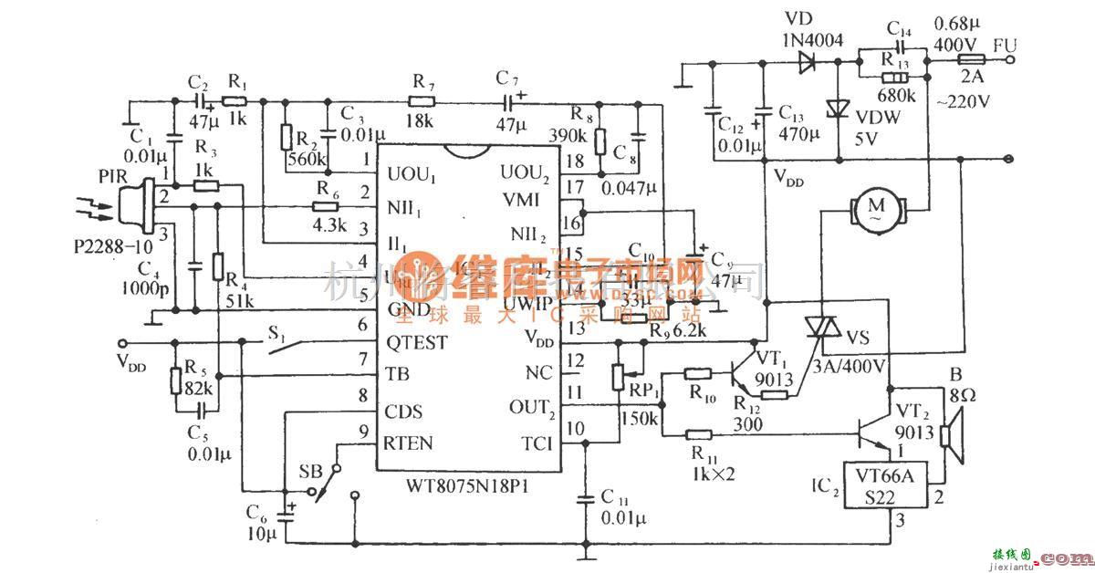 红外线热释遥控中的用WT8075红外传感集成电路的自动门控制电路  第1张