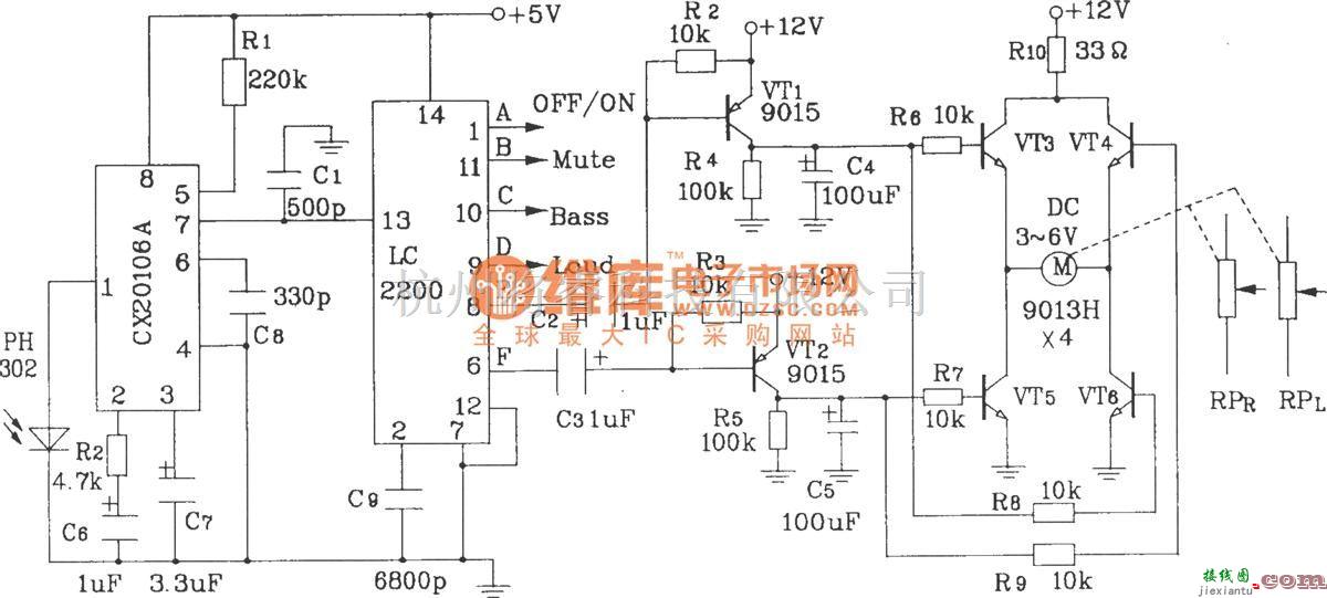 遥控电路（综合)中的LC2200构成收录机音量遥控控制电路图  第7张