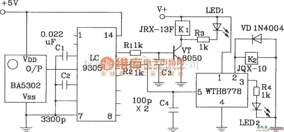 红外线热释遥控中的LC9301/9305红外遥控发射、接收集成应用电路图  第5张