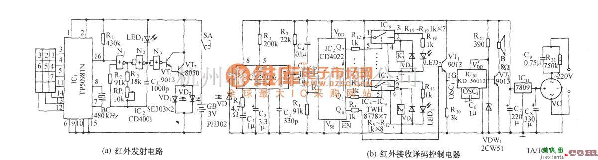 红外线热释遥控中的脉冲拨号红外七路遥控功率开关电路  第1张