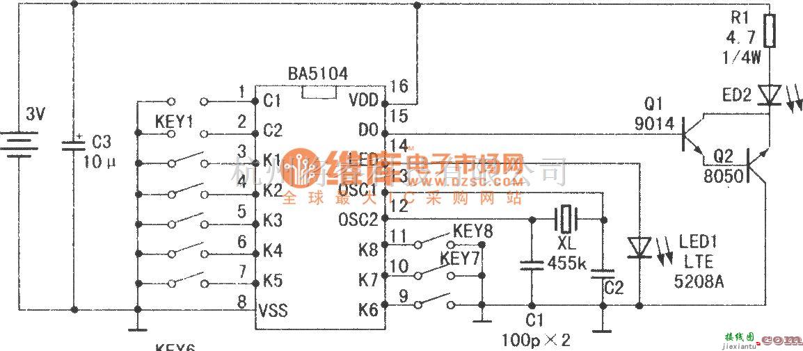 红外线热释遥控中的8通道红外遥控集成电路BA5104／SM5032C  第1张