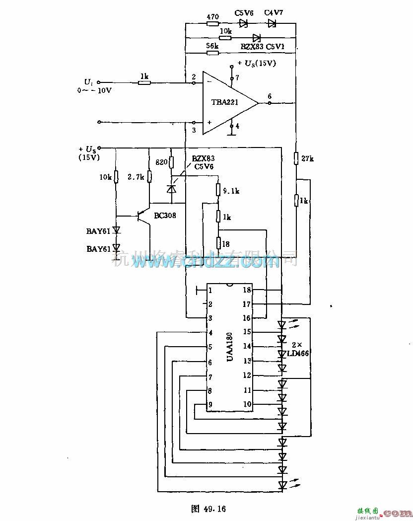 专用测量/显示电路中的采用集成心路uAAl80的发光带显示器电路  第2张