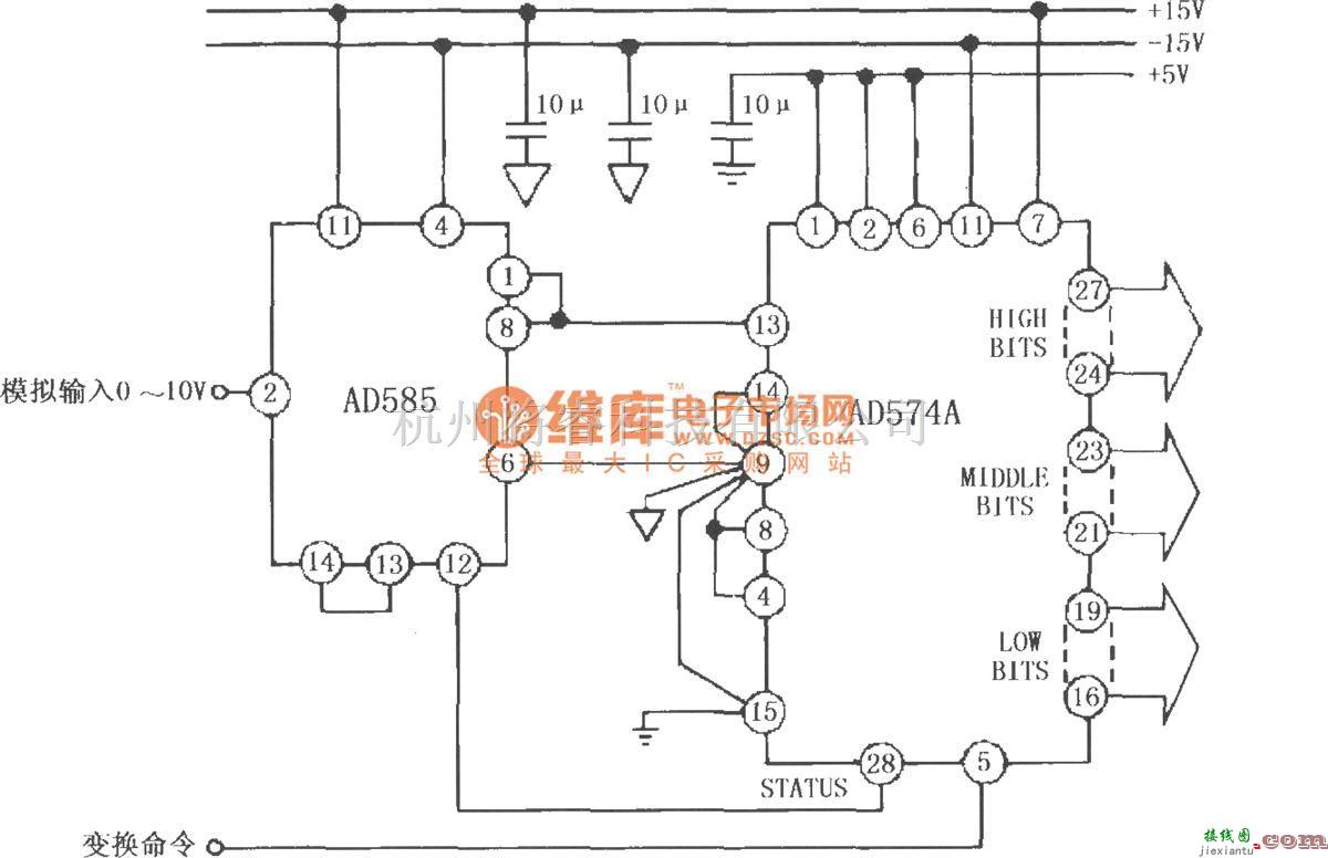 采样保持放大电路中的AD585的12bit A／D变换系统电路  第1张