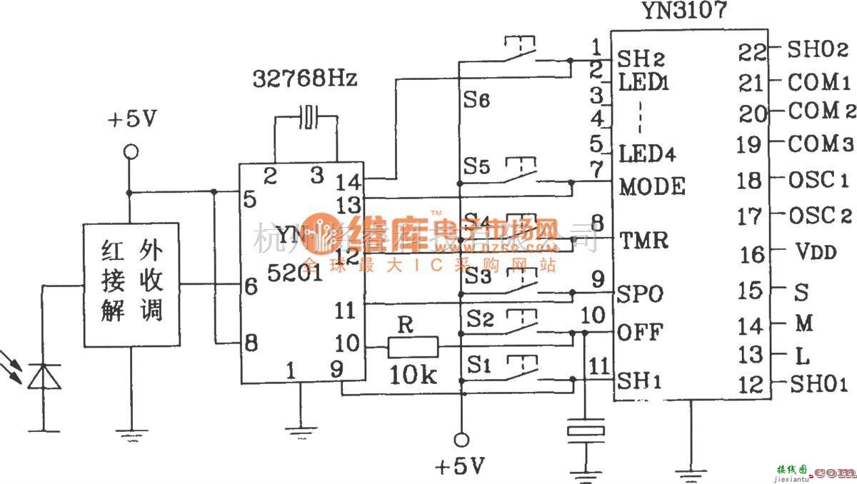 红外线热释遥控中的YN5101/5201多路红外遥控编码、解码器典型应用电路图  第3张
