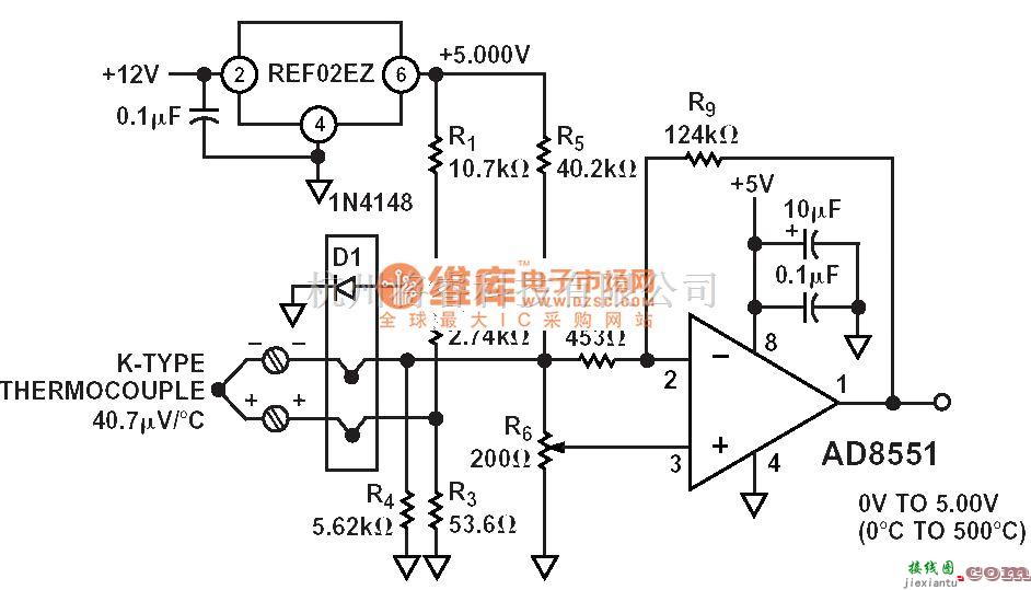 仪器仪表中的0-500度K型热电隅测温电路  第1张