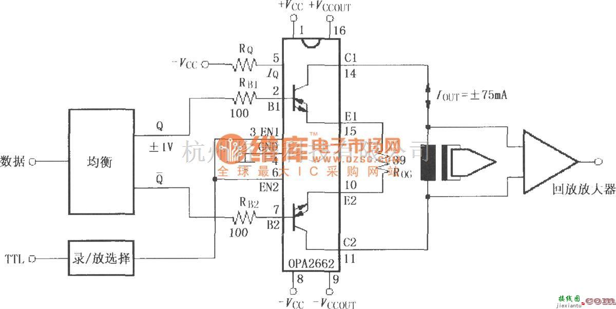 对数/跨导放大电路中的由双宽带跨导型运算放大器OPA2662构成的模拟-数字视频磁带录制放大电路  第1张