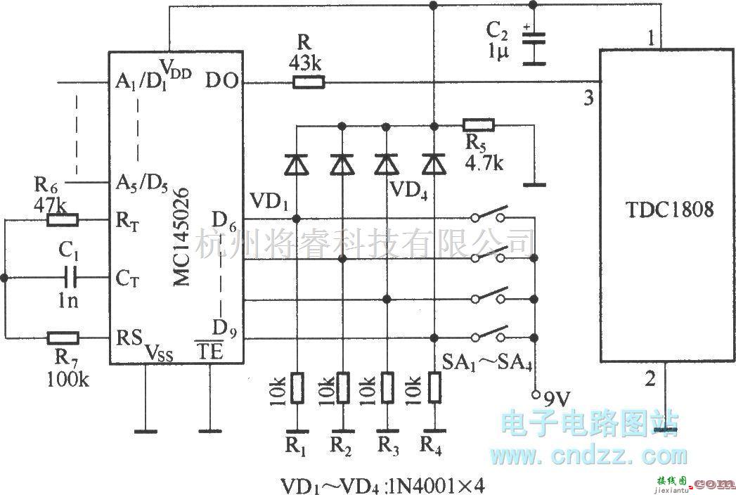 遥控电路（综合)中的由TDC1808/TDC1809组成的数字编码遥控电路  第1张