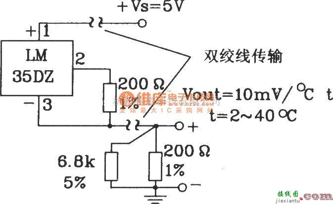 温控电路中的由LM35DZ摄氏温度传感器构成共正电源远距离传输电路  第1张