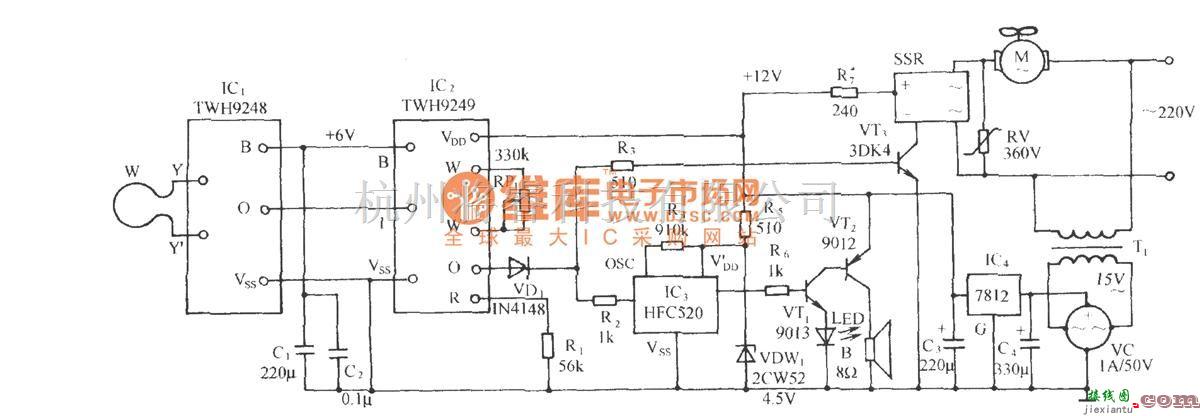 遥控电路（综合)中的扫描探测式电风扇自动控制电路(TWH9248/9249)  第1张