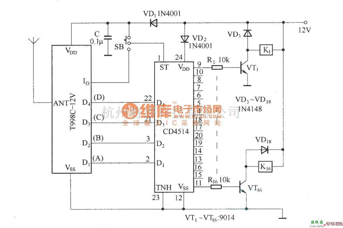 遥控接收中的十六路遥控电路(T998C)  第1张