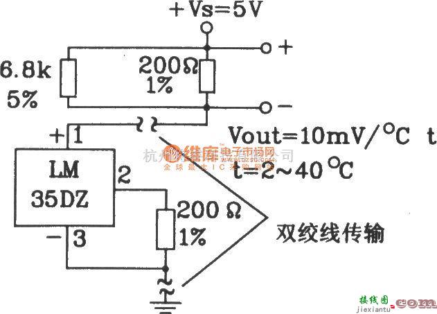 温控电路中的由LM35DZ摄氏温度传感器构成共地远距离传输电路  第1张