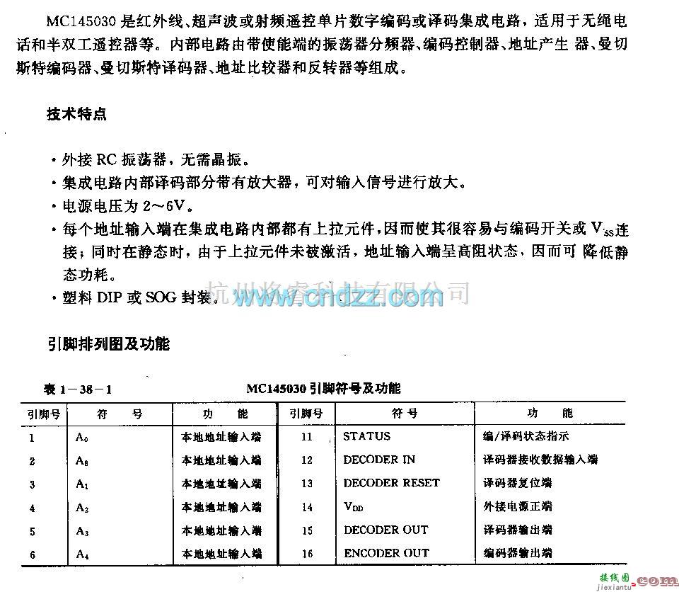 遥控发射中的MCl45030(无绳电话和半双工遥控器)红外线、超声波或射频遥控编码和译码电路  第4张