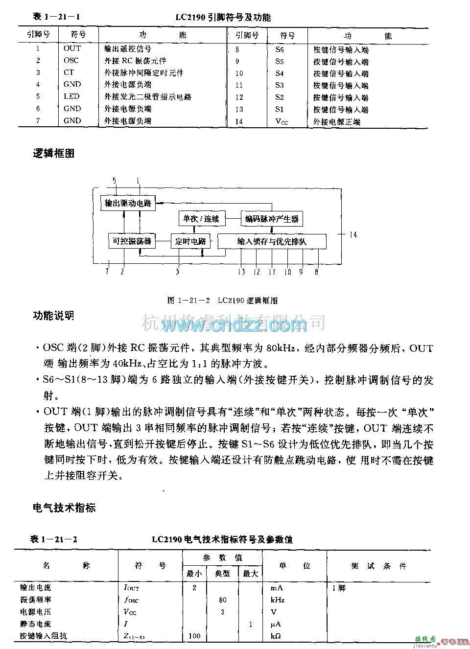 遥控发射中的LC2190(空调器、电风扇、收录机、电视机和玩具)红外线、超声波和无线电遥控发射电路  第2张