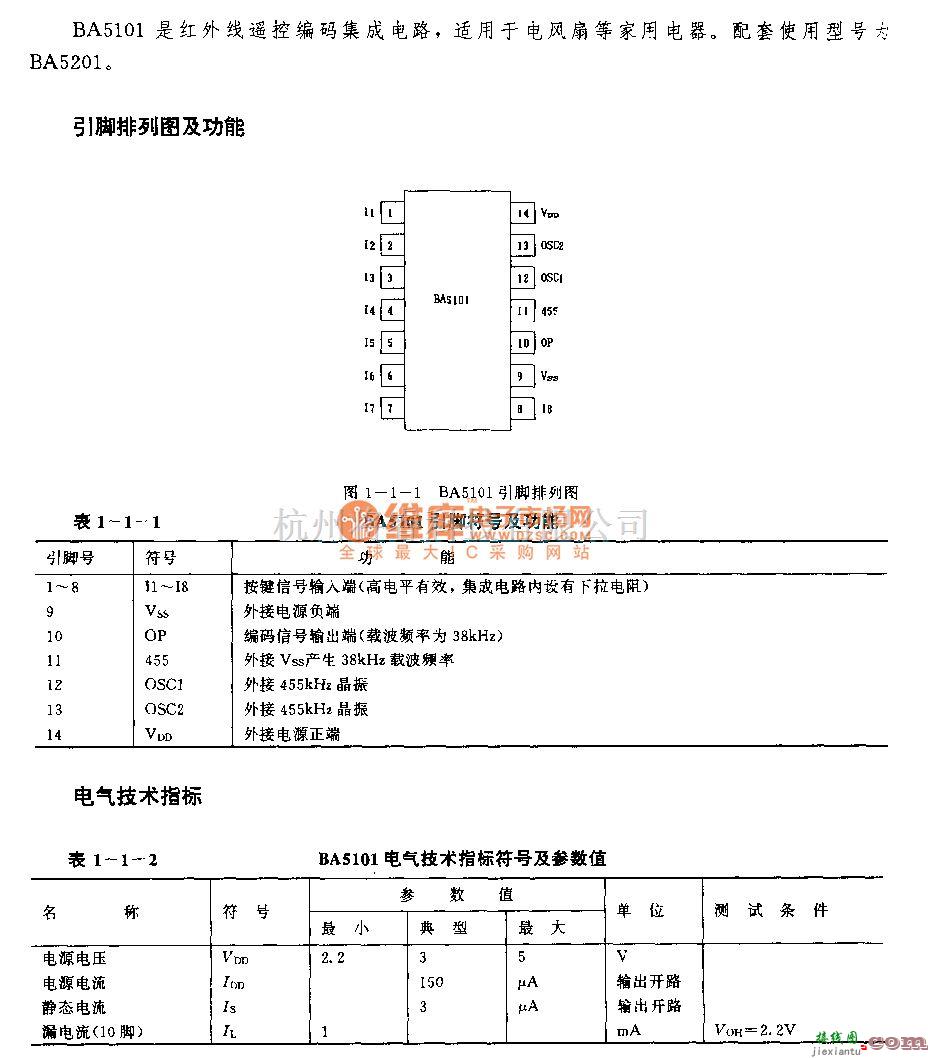 遥控发射中的BA5101(家用电器)红外线遥控编码电路  第1张