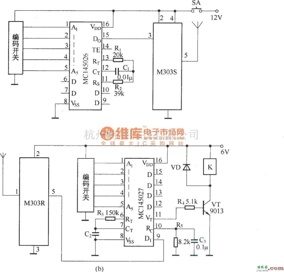 遥控电路（综合)中的数字编码遥控开关(数字编译码器MC145026/MC145027微型无线电收发模块M303S/M303R)  第1张