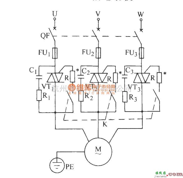 晶闸管控制中的双向晶闸管控制三相电动机的典型电路  第1张