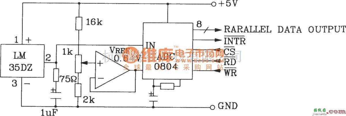 温控电路中的LM35DZ摄氏温度传感器构成温度量A／D转换为并行三态输出标准微机接口数据总线电路  第1张