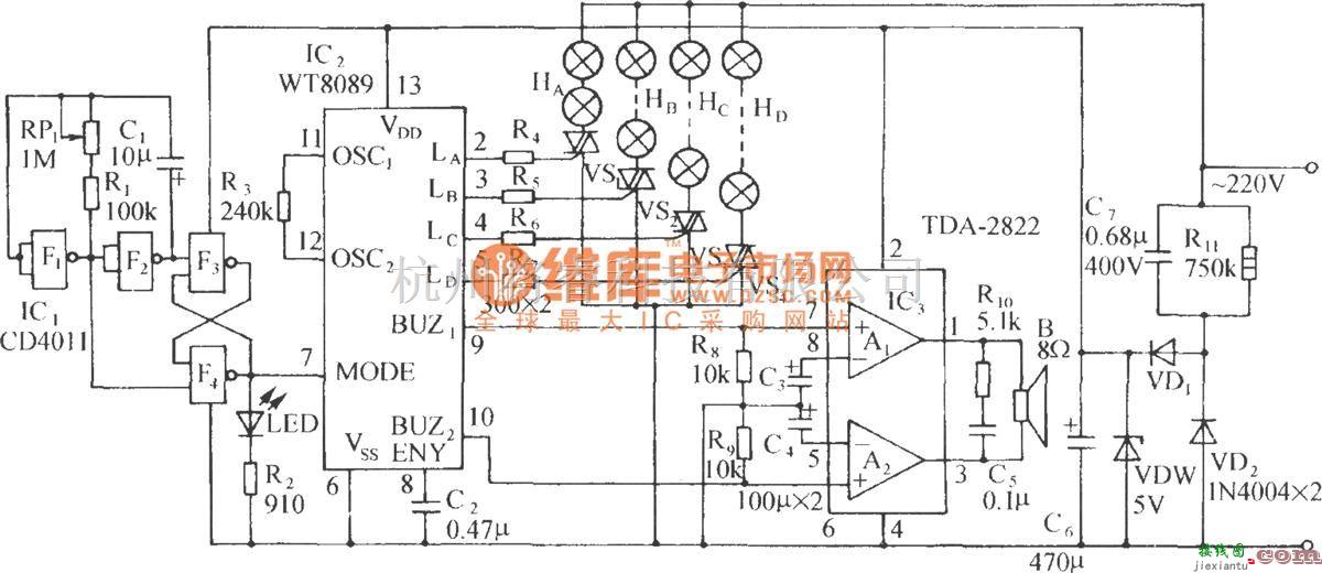 灯光控制中的WT8089 16种彩灯花样伴八首乐曲自动控制电路  第1张