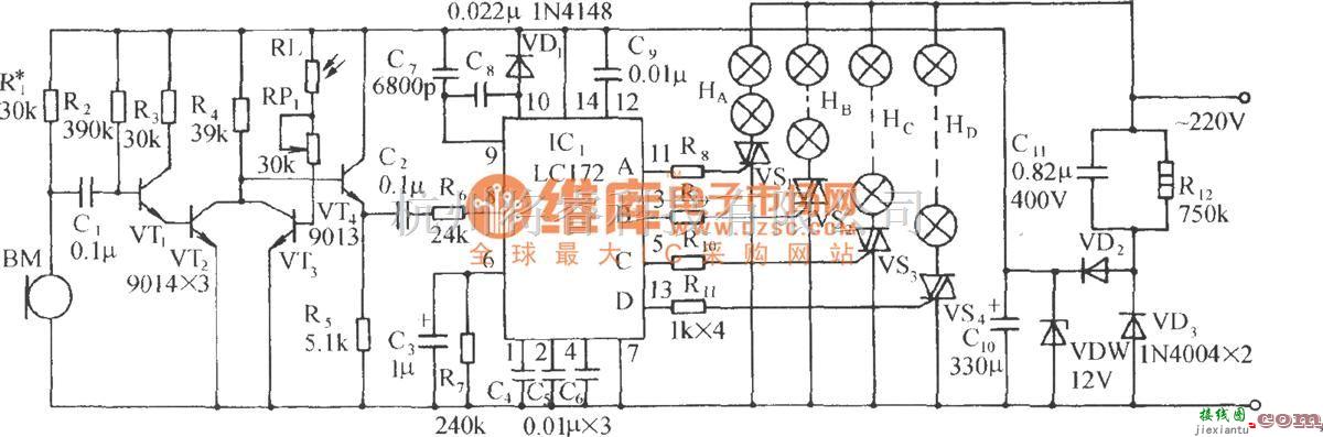 灯光控制中的LC172声光双控四相脉冲分配彩灯控制电路  第1张