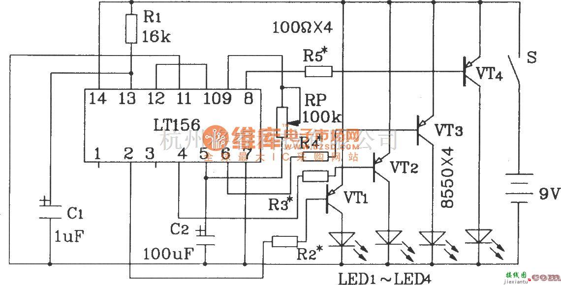 灯光控制中的LTl56单片4路彩灯控制集成电路典型应用电路  第1张