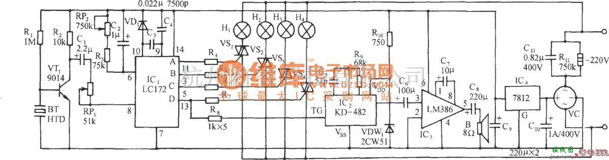 灯光控制中的声控式音乐与彩灯流水同步的控制器电路  第1张