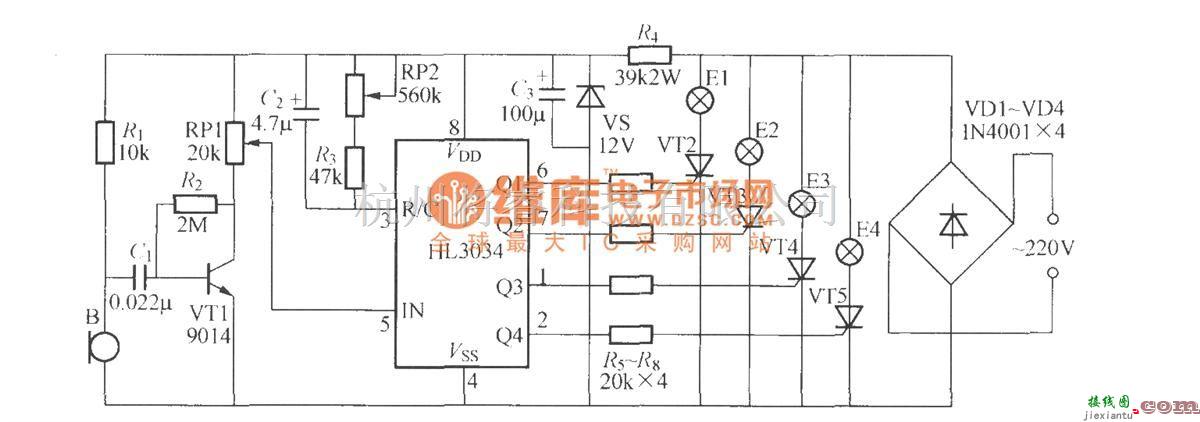 灯光控制中的四路卡拉0K灯光渲染器电路(HL3034)  第1张