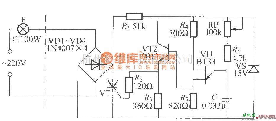 灯光控制中的单结晶体管触发的单向闸管调光灯电路(2)  第1张