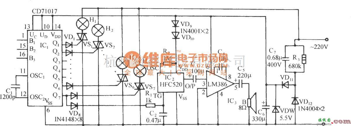 灯光控制中的CD71017多功能程控彩灯伴海浪声控制电路  第1张